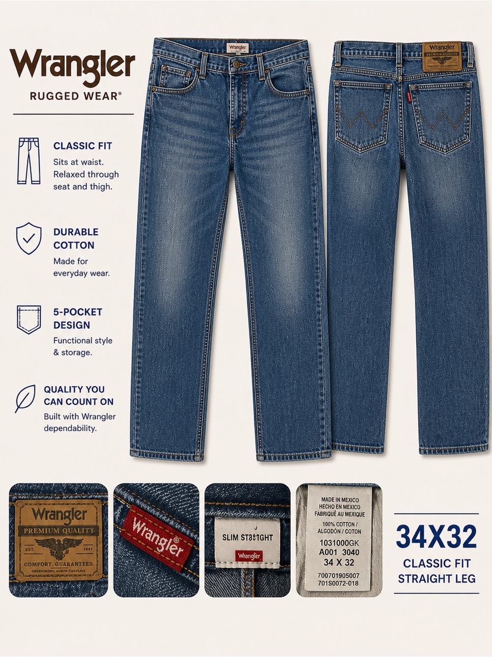 Wrangler Rugged Wear Slim Straight Jeans Men’s 34x32 Blue Denim Classic Workwear